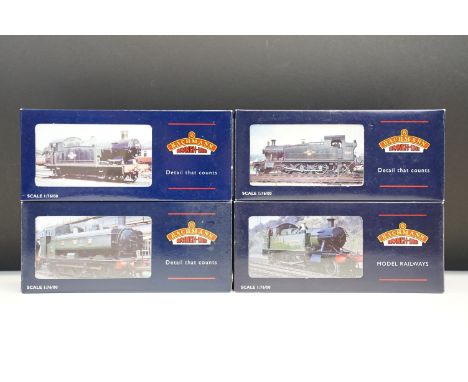 Four boxed Bachmann OO gauge locomotives to include 32075 Class 56XX Tank 5667 GWR green, 32200 8750 Pannier Tank 9643 GWR gr