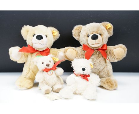 Four Steiff teddy bears to include 021831 Bobby with name tag to chest and red bow tie, 021923 Bobby with red bow tie, 111385