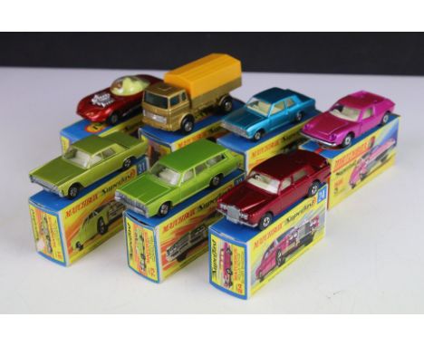 Seven boxed Matchbox Superfast diecast models to include 36 Dragular in metallic red, 73 Mercury Commuter in metallic green, 