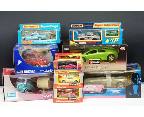 Collection of nine boxed diecast models to include 1/18 scale Burago Lamborghini Murcielago in lime green, Revell Metal BMW I