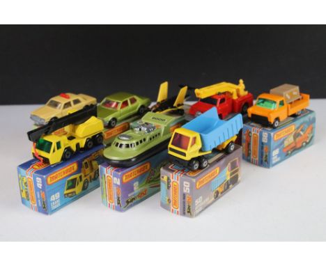 Eight boxed Matchbox 75 Series diecast models to include 50 Articulated Truck, 2 S-2 Jet, 2 Rescue Hovercraft, 13 Snorkel Fir