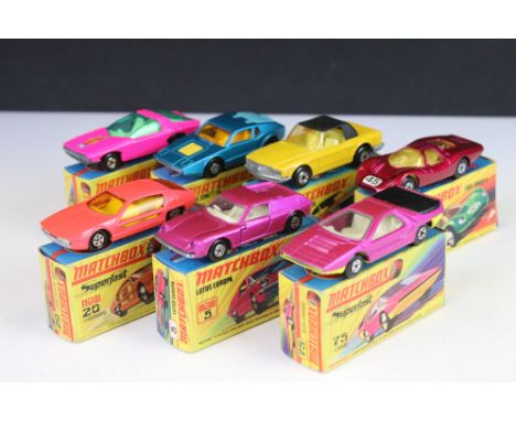 Seven boxed Matchbox 75 Superfast 75 Series diecast models to include 5 Lotus Europa in metallic purple, 6 Mercedes 350SL in 