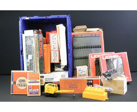 Collection of Lionel O gauge model railway to include 2 x boxed Graduated Trestle Set, boxed Tractor and Gravel Truck, variou