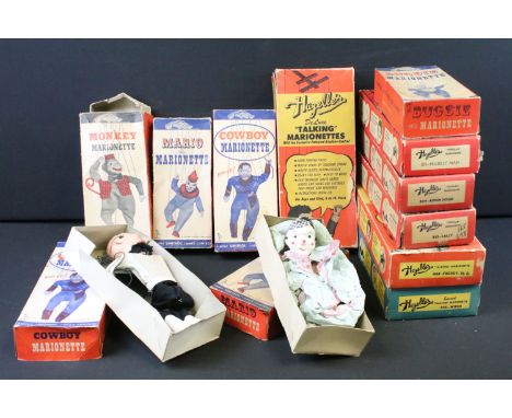 12 Boxed Marionettes featuring 6 x Hazell's Marionettes (The Blue Fairy, Sally, Witch, Freddy, Robin Hood &amp; Hillbilly Man