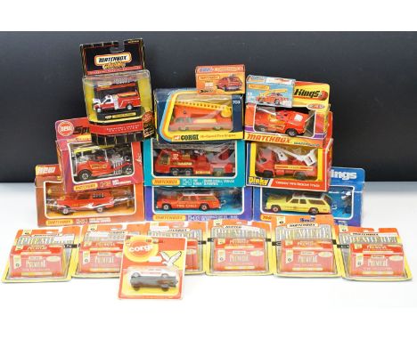 Collection of 18 boxed fire engine related diecast models to include Dinky 384 Convoy Fire Rescue Truck, Corgi 703 Hi-Speed F