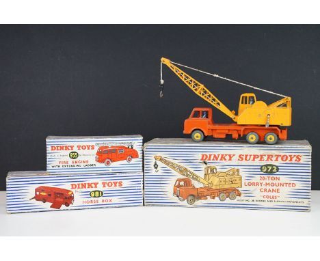 Three boxed Dinky diecast models to include 981 Horse Box, 972 20-Ton Lorry-Mounted Crane and 955 Fire Engine With Extending 