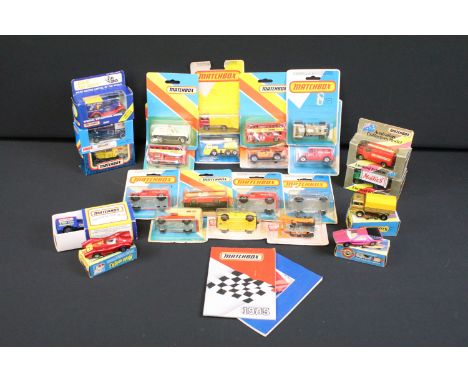 25 Boxed / carded Matchbox diecast models to include MB 72 Delivery Truck, 69 Security Truck, MB38 Ford Model A, etc, vg over