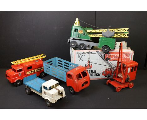 Collection of five boxed and unboxed Triang and Marx Toys tin plate models to include boxed Marx Toys No.2734 Mobile Crane Tr