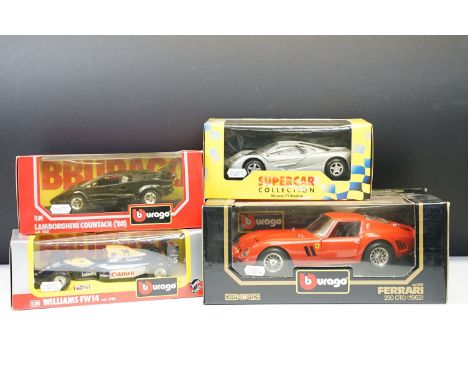 Four boxed 1/18 and 1/24 scale diecast models to include 3 x Burago diecast models featuring 1962 Ferrari 250 GTO, Williams F