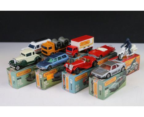 Nine boxed Matchbox 75 Series diecast models to include 52 BMW M1, 33 Police Motor Cyclist, 42 '57 T Bird, 26 Cable Truck, 57