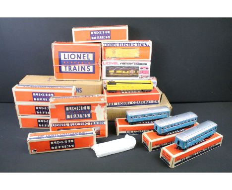 16 Boxed Lionel O gauge items of rolling stock to include No 456 Coal Ramp Set with Special Hopper Car No 3456, No 362 Barrel