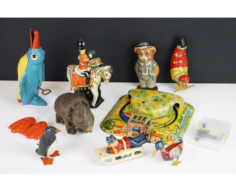 Collection of nine 1950s onwards tin plate clockwork mechanical windup lithograph models to include Alps Japanese Clever Bear