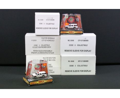 Seven boxed Code 3 Fire Engine diecast models to include City Of New York, City Of Honolulu, City Of Denver, City Of Newark, 