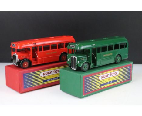 Two boxed Ruby Toys diecast model buses to include No.46 Leyland Bus in red and No.49 A.E.C. Bus in green, both in ex conditi