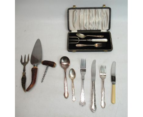 Cased ER.II silver Christening set, Birmingham 1959, silver pickle fork with mother of pearl handle and collection of C20th E