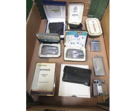 Late 1960's chrome plated Ronson Varaflame butane gas cigarette lighter, other cased Ronson cigarette lighters mostly with in