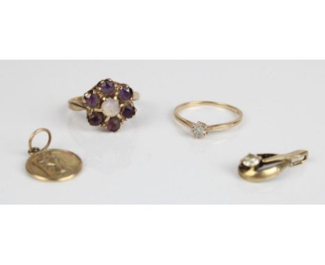 9ct yellow gold amethyst and white stone cluster ring, stamped 9ct, size H1/2, a 9ct yellow gold ring set with illusion set s