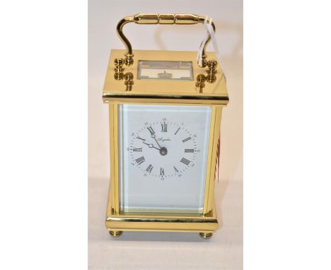 Angelus C20th brass carriage timepiece, signed white Roman dial, signed 11 jewel movement, no visible serial no., H19cm (cloc