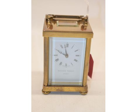 Matthew Norman, London, C20th brass cased carriage timepiece with signed white Roman dial, signed 11 jewel unadjusted Swiss m