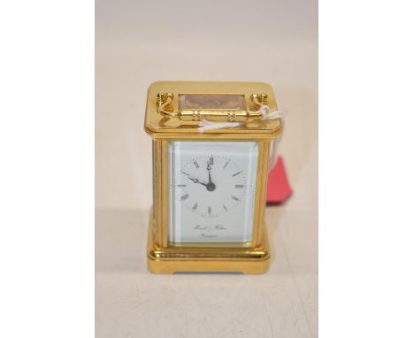 Morrell &amp; Hilton Huntingdon late C20th miniature brass carriage timepiece, signed white enamel dial, unsigned 11 jewel mo