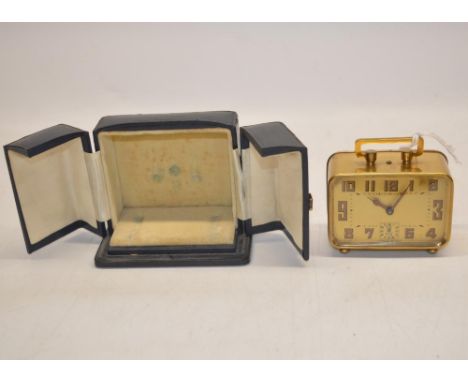 French early C20th brass cased travel alarm clock, in fitted blue leather velvet lined case H9cm, C20th Kaiser brass skeleton