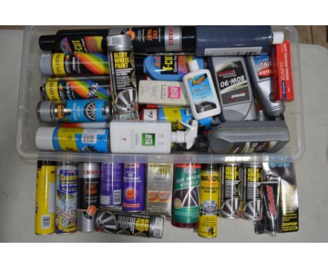Collection of automotive spray paints, cleaning and finishing products, car covers, double sided foam tape, primer, clear coa
