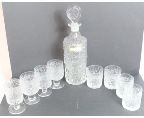 1960's Whitefriars Flint bark effect decanter H34cm with silver Sherry label, 4 sherry glasses, 4 matching tumblers 