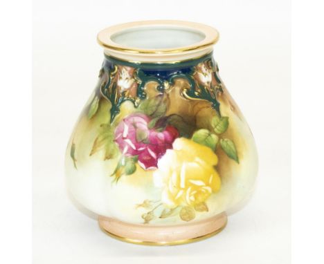 Royal Worcester small vase, tapering body painted with with pink and yellow roses and gilt relief moulded shoulders, printed 