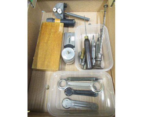 Bergeon watch crystal remover no. 4266, vintage Hobbies Archimedes drill with bits, Westend Watch Co. Swoar Prima case back w