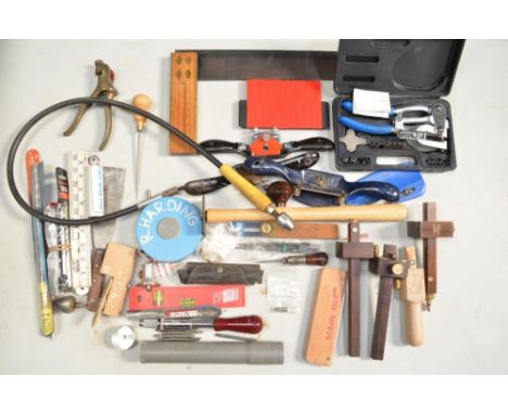 Collection of handheld tools, predominantly woodworking including mortice gauges from Marples and R.H., veneer scrapers from 