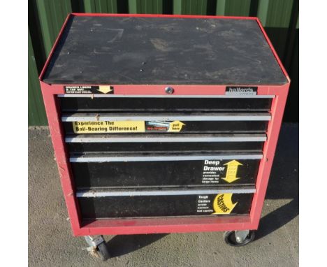 Halfords Professional 5 drawer wheeled tool chest with a collection of hand tools 