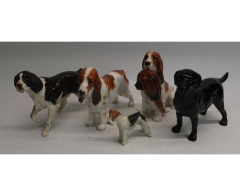 Royal Doulton dogs: Cocker Spaniel with pheasant HN1028, H13cm, Spaniel HN1036, black Labrador HN2667, Springer Spaniel, and 