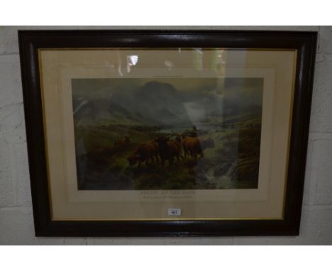 After Henry R Hall; 'Sunset on The Loch' colour print in oak frame with gilt slip, 39cm x 59cm 