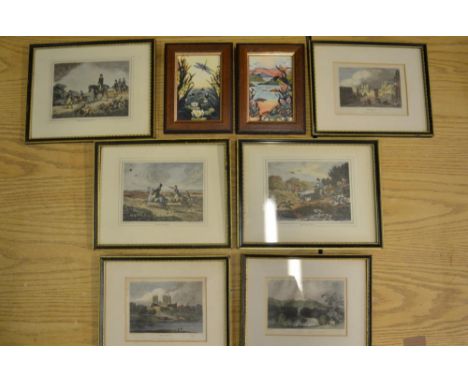 Pair of framed Moorcroft prints, Islay and Lamia, designed by Rachel Bishop, 9cm x 14cm, 3 hand coloured C19th engravings and