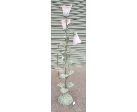 Large floor standing metal 3 light floral lamp H160cm and another similar but smaller 3 light table lamp (1 glass shade chipp