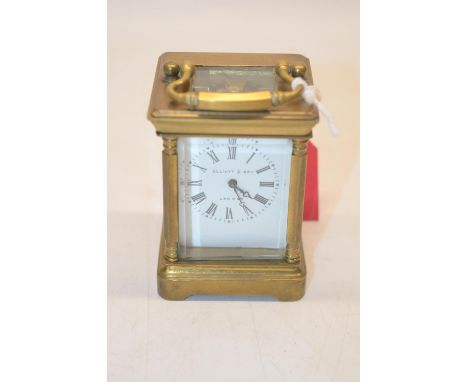 Elliot &amp; Son London, miniature carriage timepiece, signed Roman enamel dial, movement stamped Made In France, no visible 