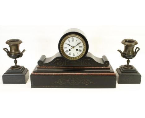 C19th French slate and rouge marble drum head mantel clock, brass bezel with white enamel Roman dial, two train movement rack