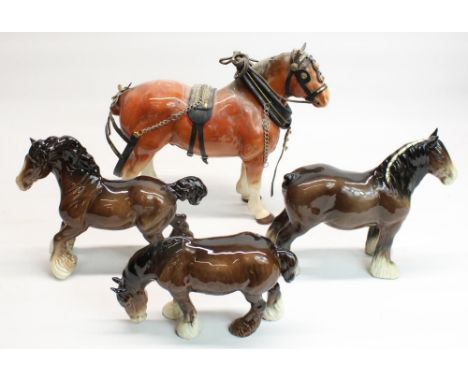 Beswick grazing shire #1050, Melba Ware heavy horse with harness, H28.5cm, and two similar unmarked shire horse figures (4) 