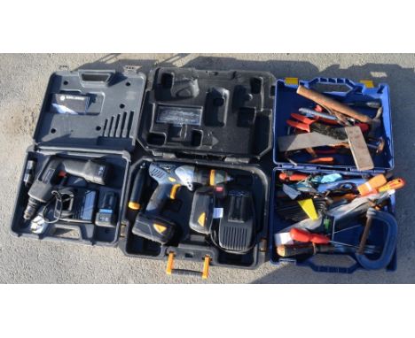 Collection of hand and power tools to include a MacAllister 14.4V and Black &amp; Decker 7.2V hammer drills with chargers and