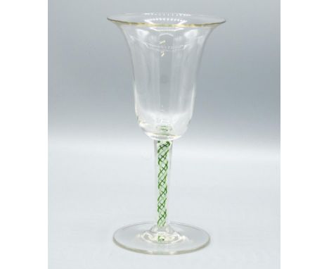 Georgian style wine glass, bell shaped bowl on green and white twist stem, circular foot, H18.5cm 