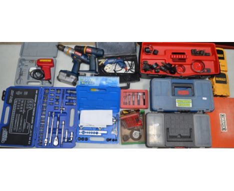 Collection of workshop tools to include 2 Ryobi hand-drills and lamp with charging station, Draper Tap And Die set, Draper Ex
