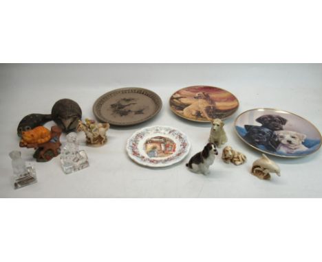Two Nachtmann lead crystal dogs H9.5cm, Poole stoneware hedgehog and seal, ltd. ed. plate British Garden Birds - The Wren, ot