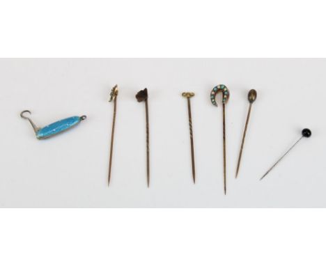 Late 19th/early C20th stick pins incl. carved tigers eye terrier head, turquoise and split seed pearl horseshoe etc. together