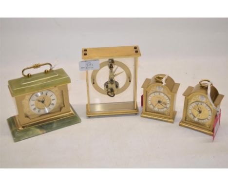 Swiza onyx and brass 8 day mantel clock with alarm, signed dial with applied silvered chapter ring, pair of Swiza miniature b