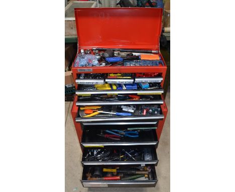 Draper tool chest containing a large number of workshop tools including a Kamasa Torque wrench, socket sets, hammers, molegri