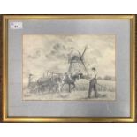 Karl De Grammont (1929-2006), Working the harvest, pencil sketch, signed, 20x29cm, framed and