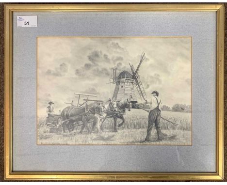 Karl De Grammont (1929-2006), Working the harvest, pencil sketch, signed, 20x29cm, framed and glazed