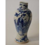 19th century Chinese porcelain vase with blue and white decoration of figures in a garden setting,