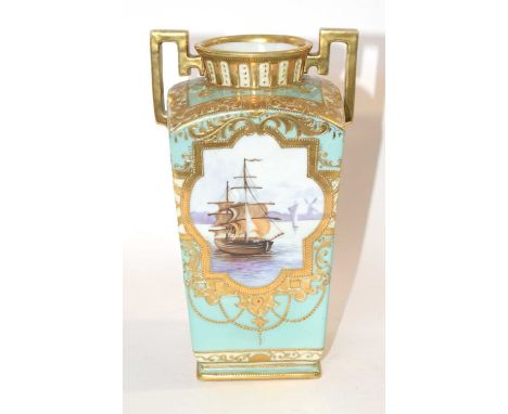 A Noritake vase mid 20th century of faceted form with gilt decoration and cartouche painted with a marine scene.23cm highslig