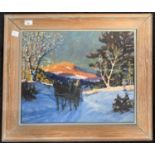 Roger Guerin (20th century), label on canvas verso inscribed 'Horses pulling logs at Meech Lake,
